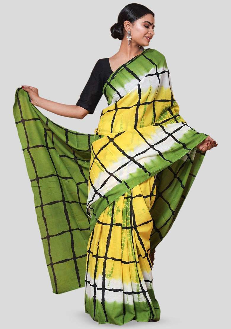 Green Printed Blended Saree Set - Indya