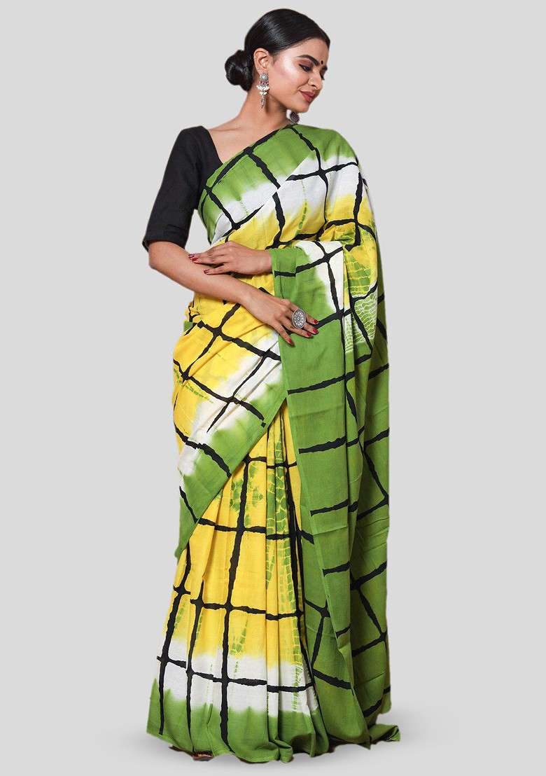 Green Printed Blended Saree Set - Indya