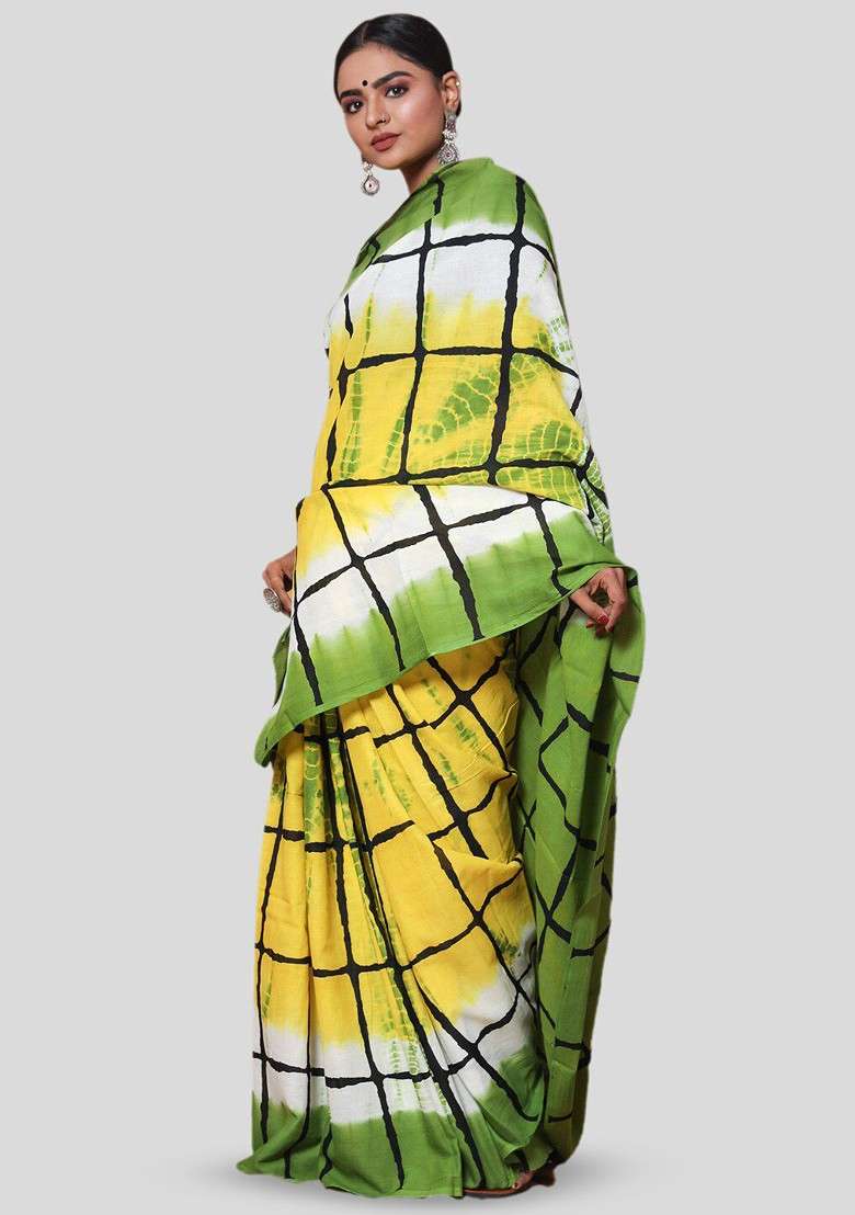 Green Printed Blended Saree Set - Indya