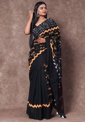 Black Printed Blended Saree Set