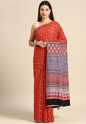 Red Printed Blended Saree Set