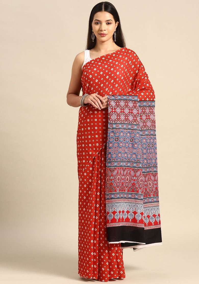 Red Printed Blended Saree Set - Indya