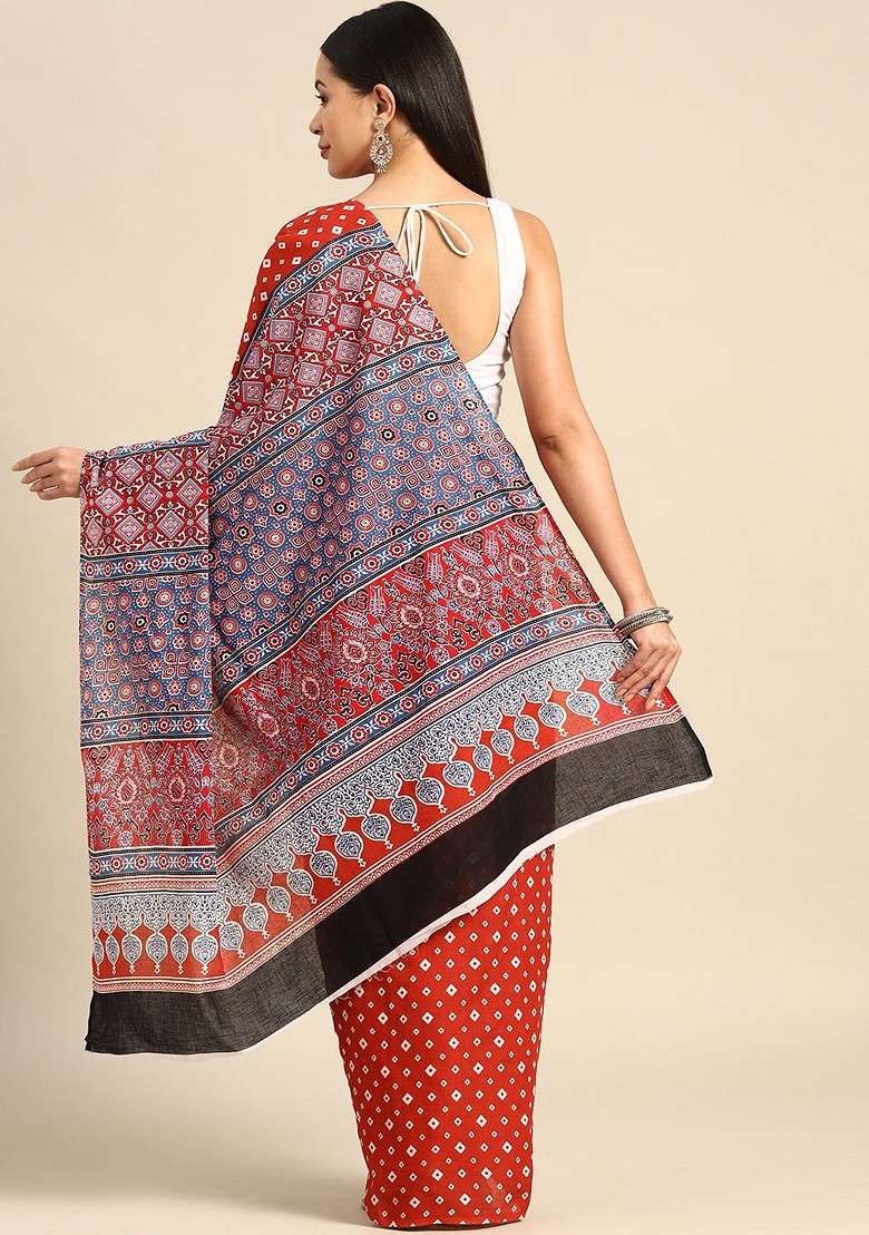 Red Printed Blended Saree Set - Indya