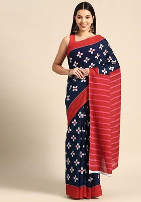 Navy Blue Printed Blended Saree Set