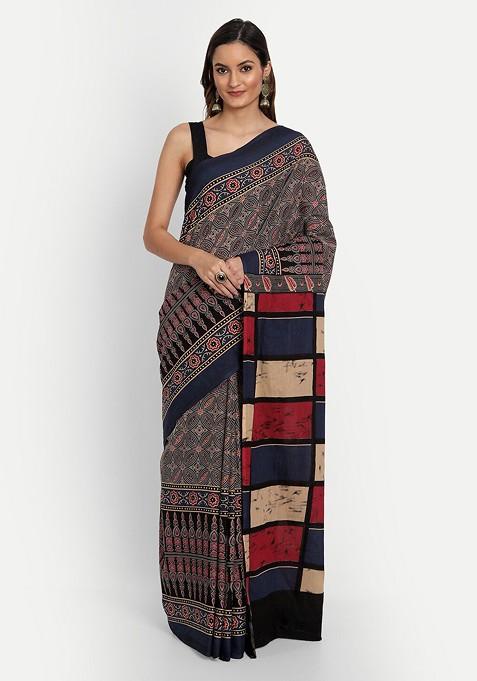 Navy Blue Printed Blended Saree Set