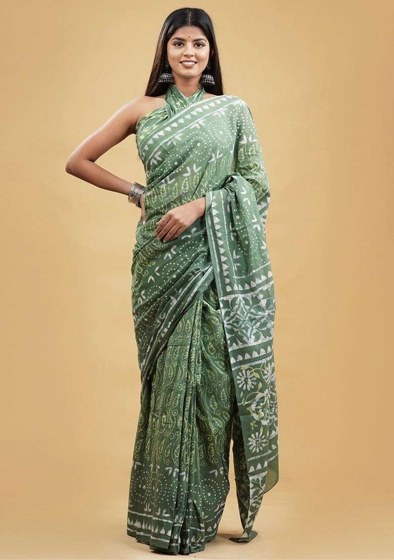 Green Printed Blended Saree Set - Indya