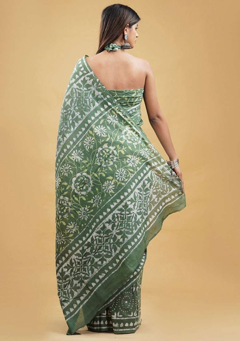 Green Printed Blended Saree Set - Indya