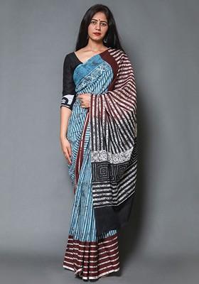 Blue Embroidered Blended Saree Set