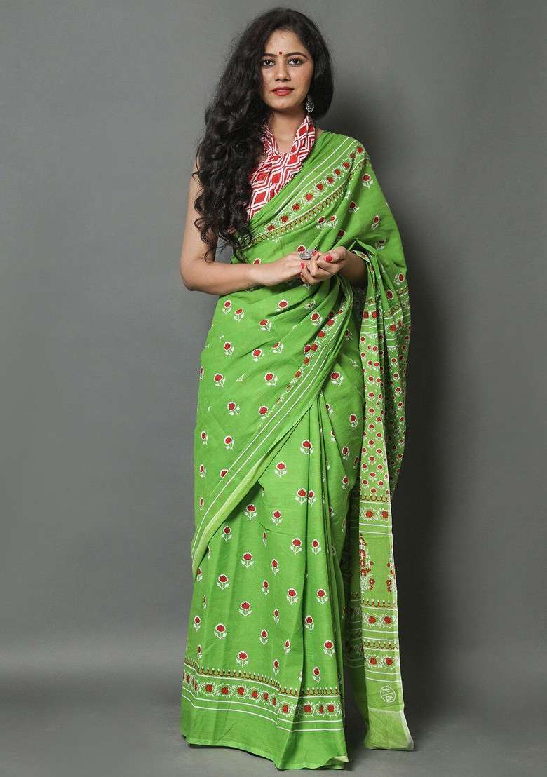 Green Printed Blended Saree Set - Indya
