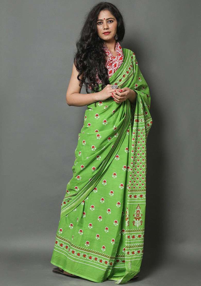 Green Printed Blended Saree Set - Indya