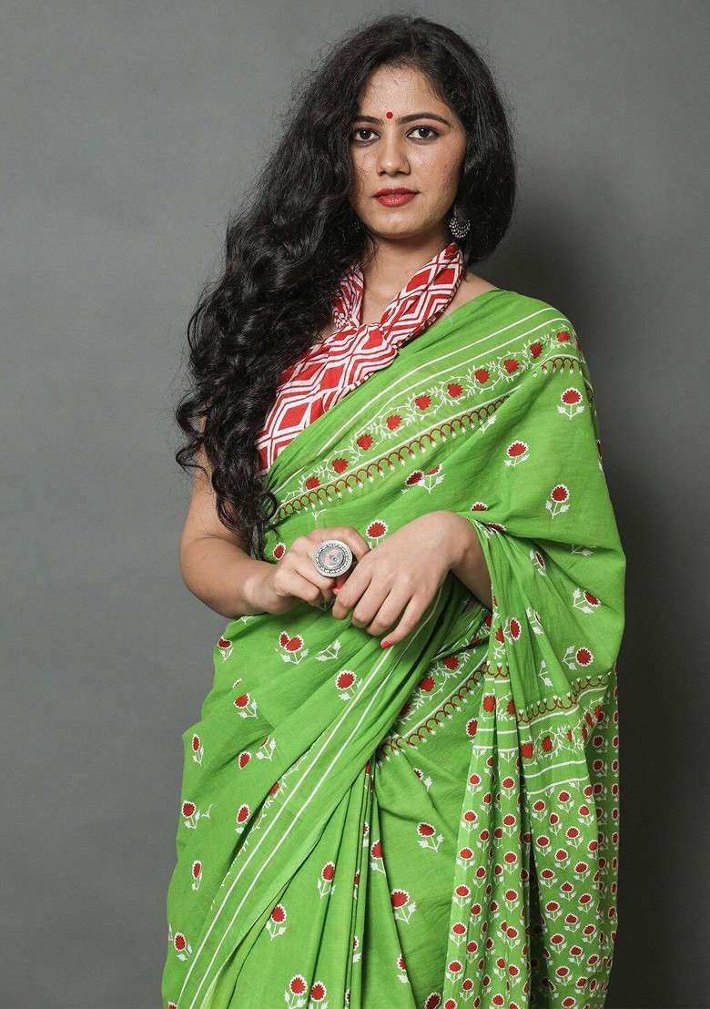 Green Printed Blended Saree Set - Indya