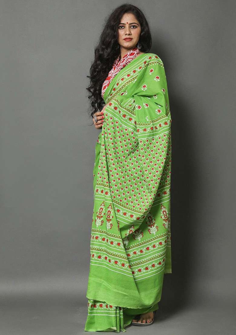Green Printed Blended Saree Set - Indya