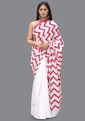 White Printed Blended Saree Set