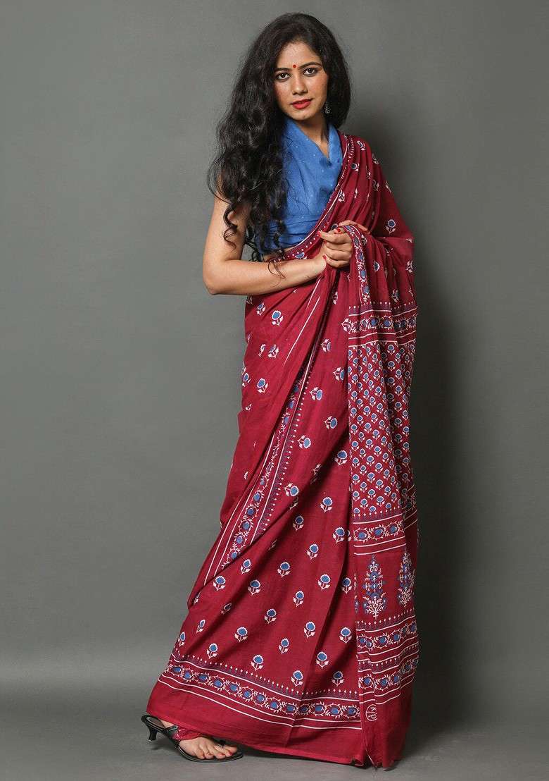 Maroon Printed Blended Saree Set - Indya