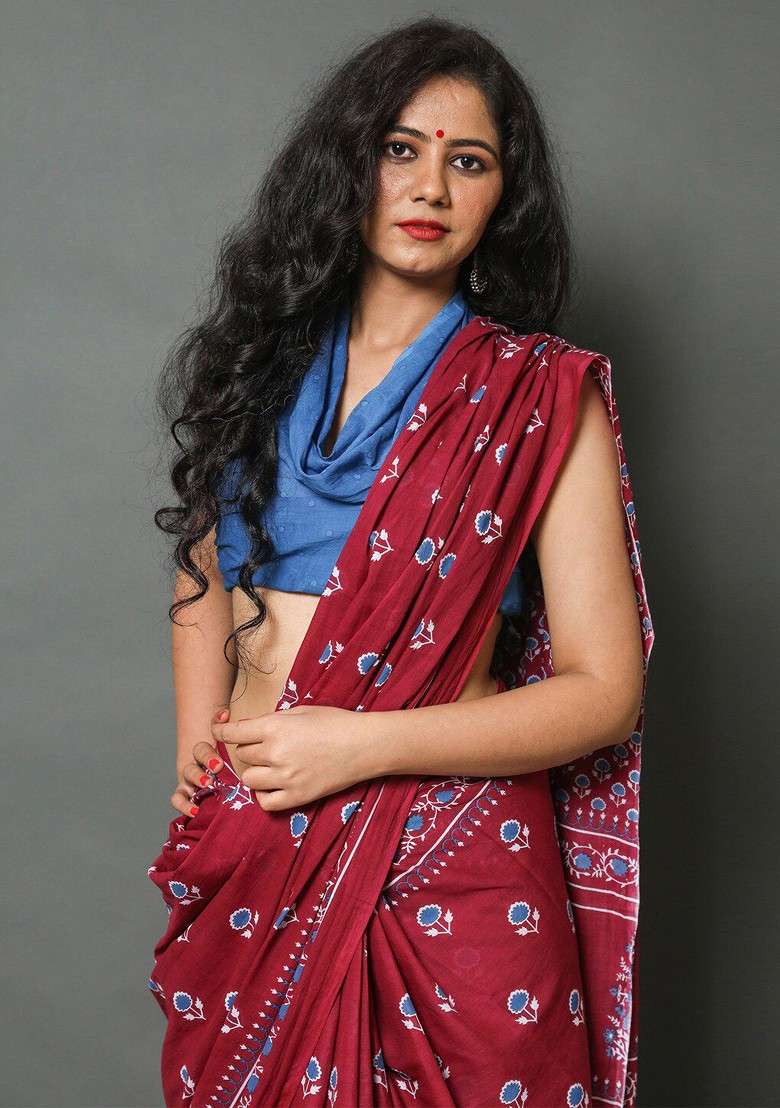 Maroon Printed Blended Saree Set - Indya