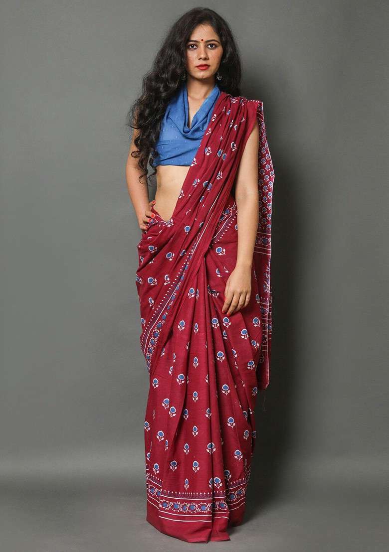 Maroon Printed Blended Saree Set - Indya