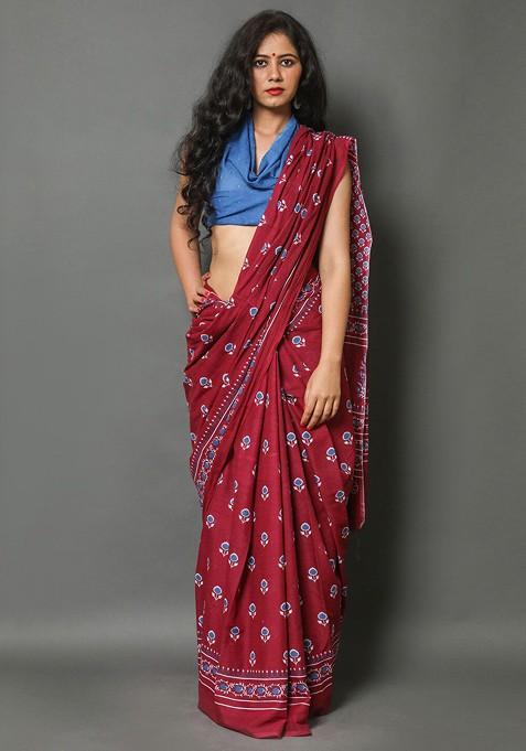Maroon Printed Blended Saree Set