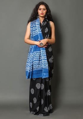 Black Printed Blended Saree Set