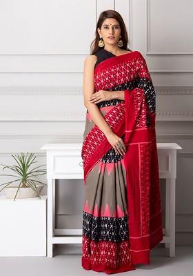 Red Printed Blended Saree Set