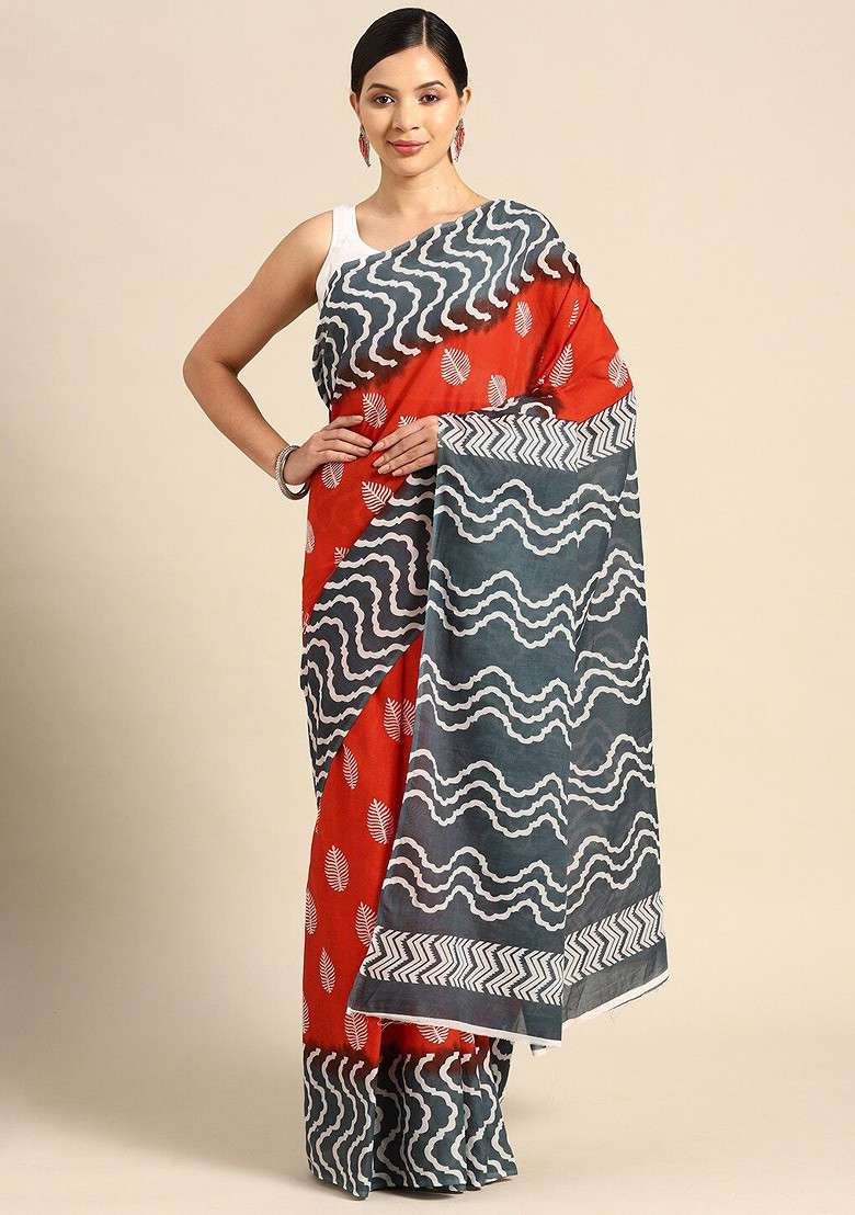 Red Printed Blended Saree Set - Indya
