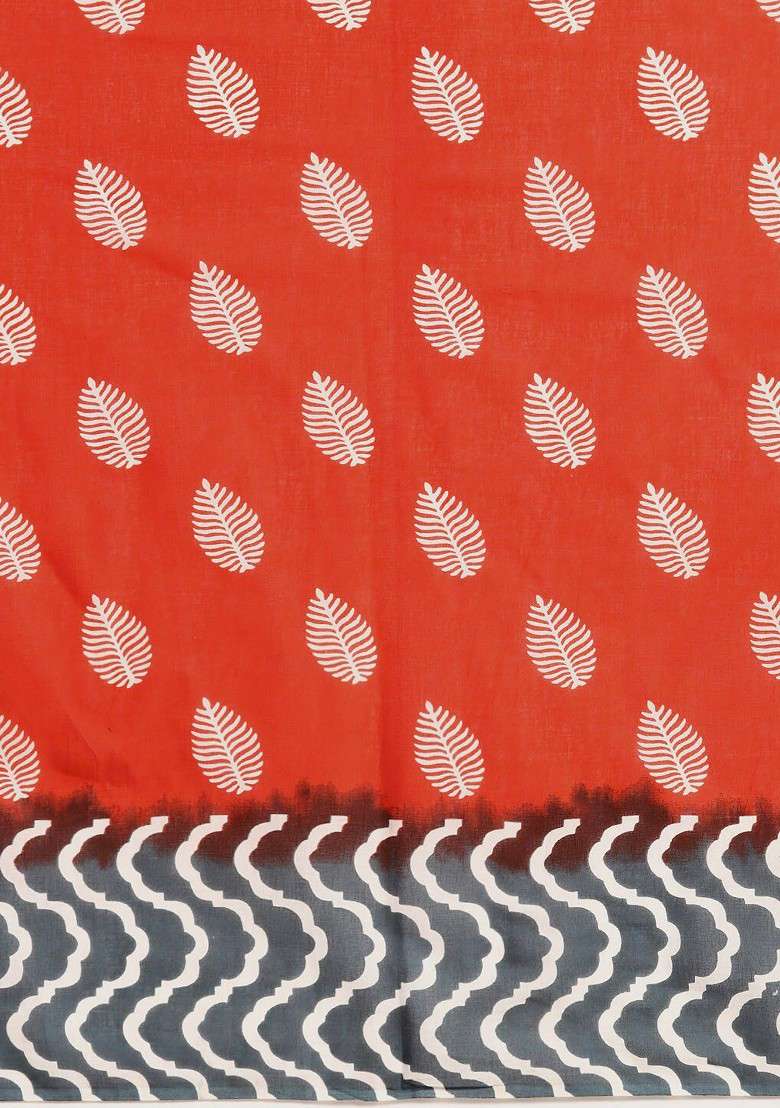 Red Printed Blended Saree Set - Indya