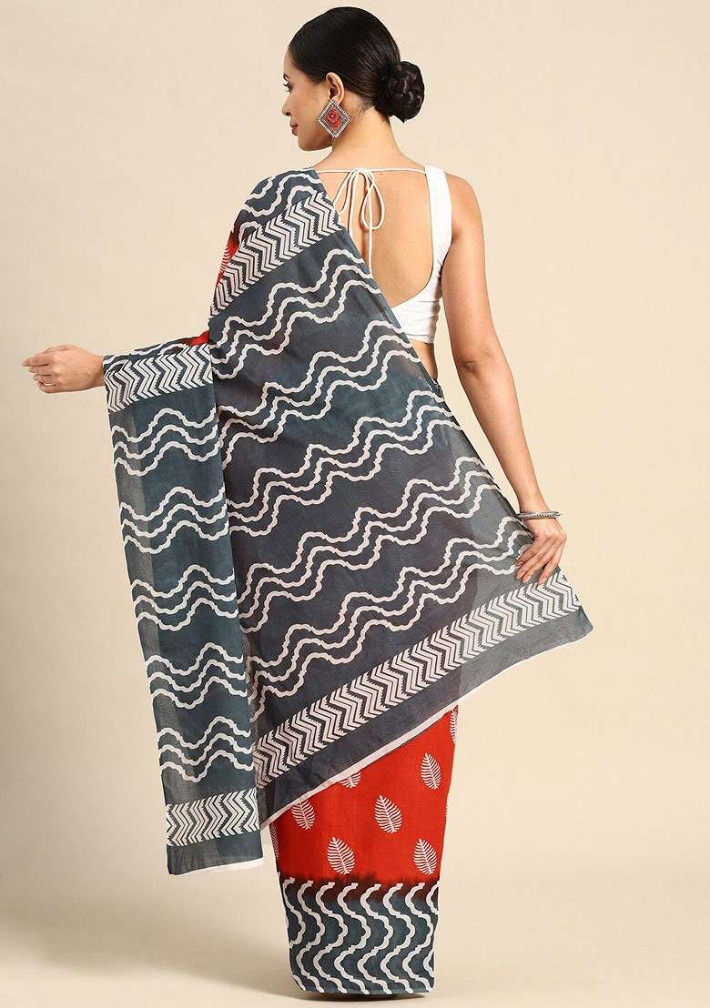 Red Printed Blended Saree Set - Indya
