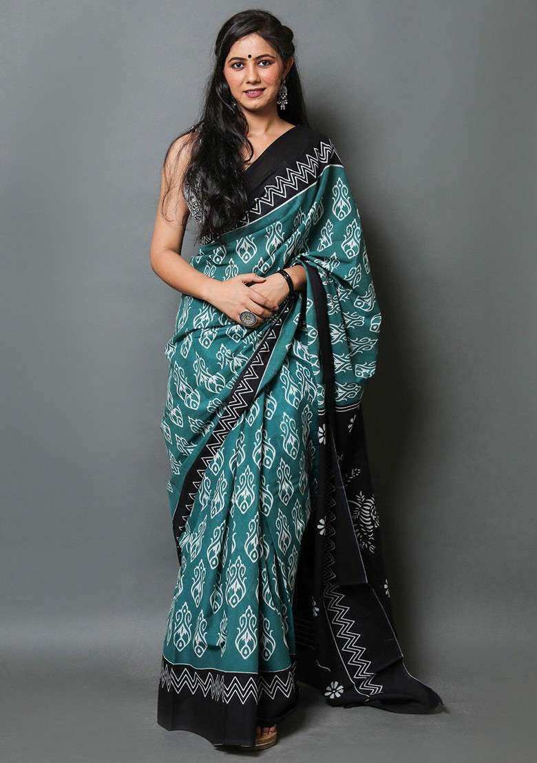 Green Printed Blended Saree Set - Indya