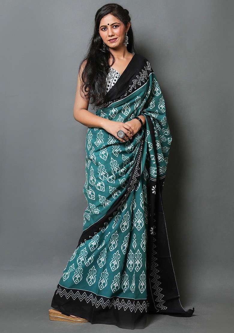 Green Printed Blended Saree Set - Indya