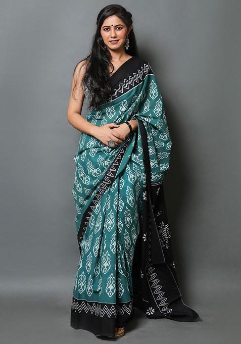 Green Printed Blended Saree Set