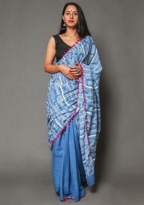 Blue Printed Blended Saree Set