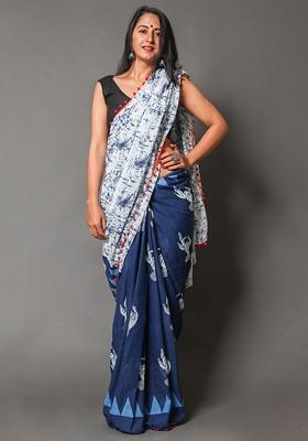 Navy Blue Printed Blended Saree Set