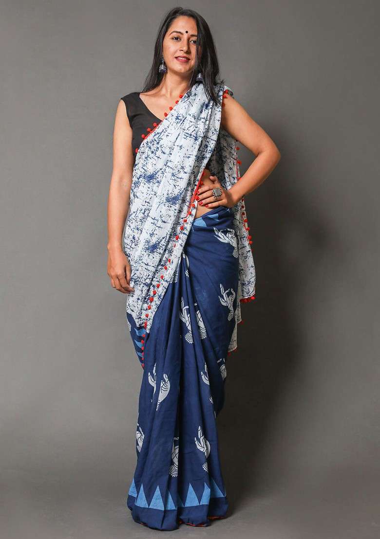 Navy Blue Printed Blended Saree Set - Indya