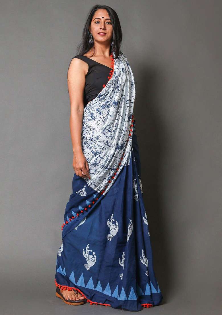 Navy Blue Printed Blended Saree Set - Indya
