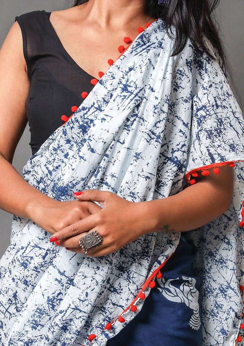 Navy Blue Printed Blended Saree Set - Indya