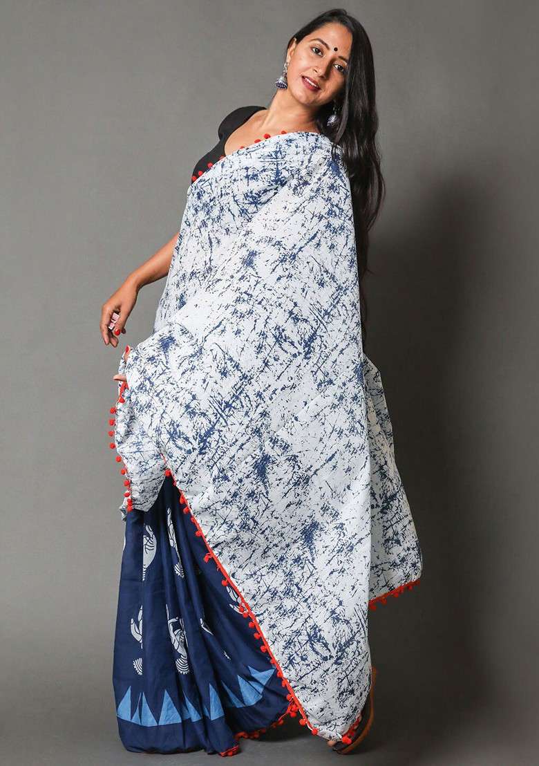 Navy Blue Printed Blended Saree Set - Indya