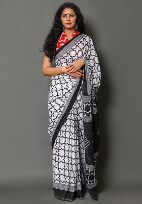 White Printed Blended Saree Set