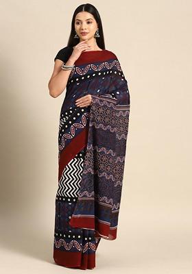 Maroon Printed Blended Saree Set