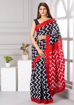 Black Printed Blended Saree Set