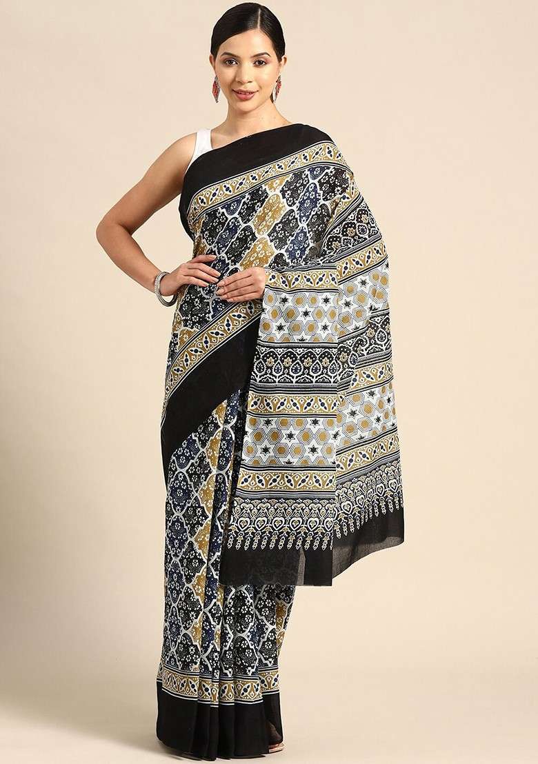 Black Printed Blended Saree Set - Indya