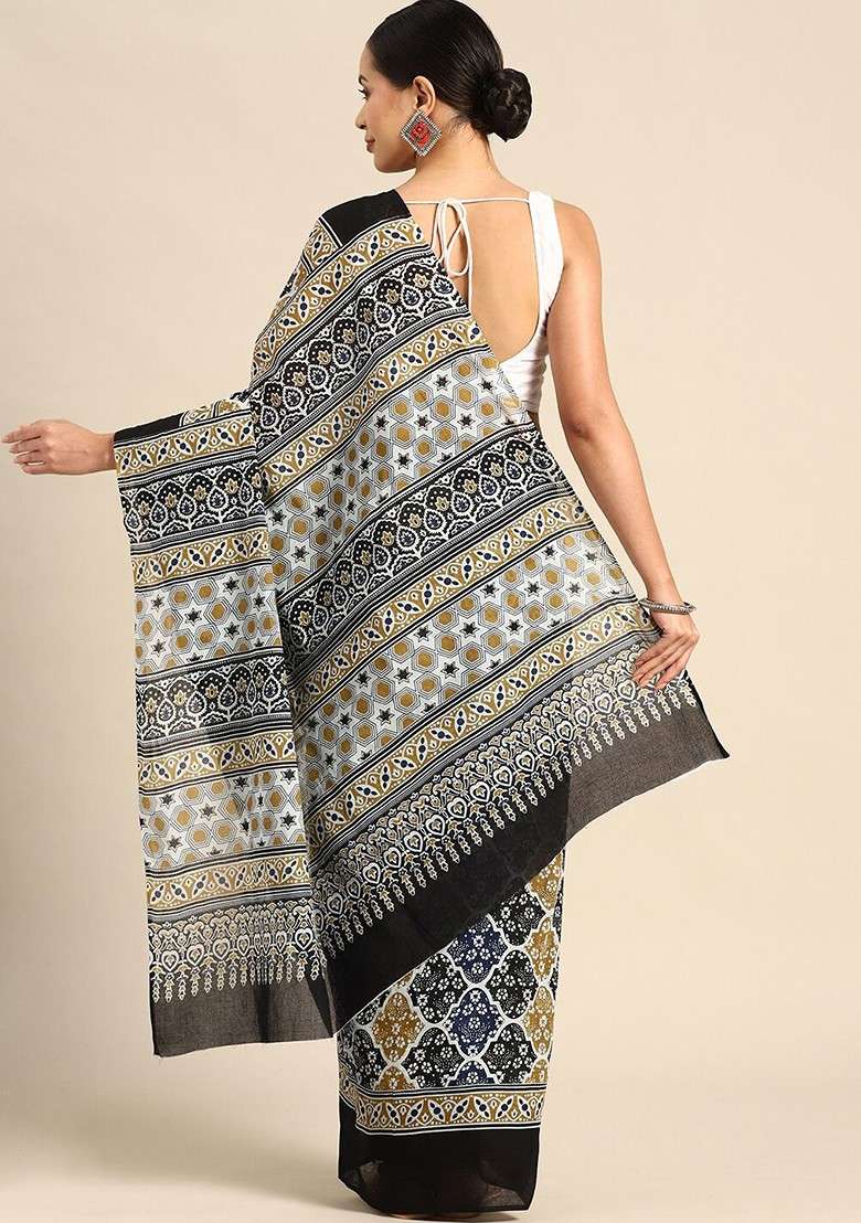 Black Printed Blended Saree Set - Indya