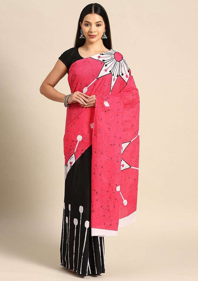 Black Printed Blended Saree Set - Indya