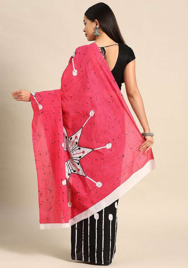 Black Printed Blended Saree Set - Indya