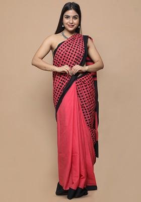 Red Printed Blended Saree Set