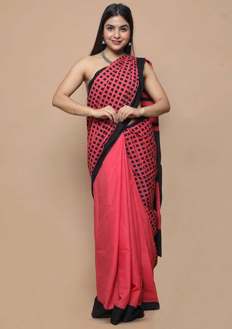 Red Printed Blended Saree Set - Indya
