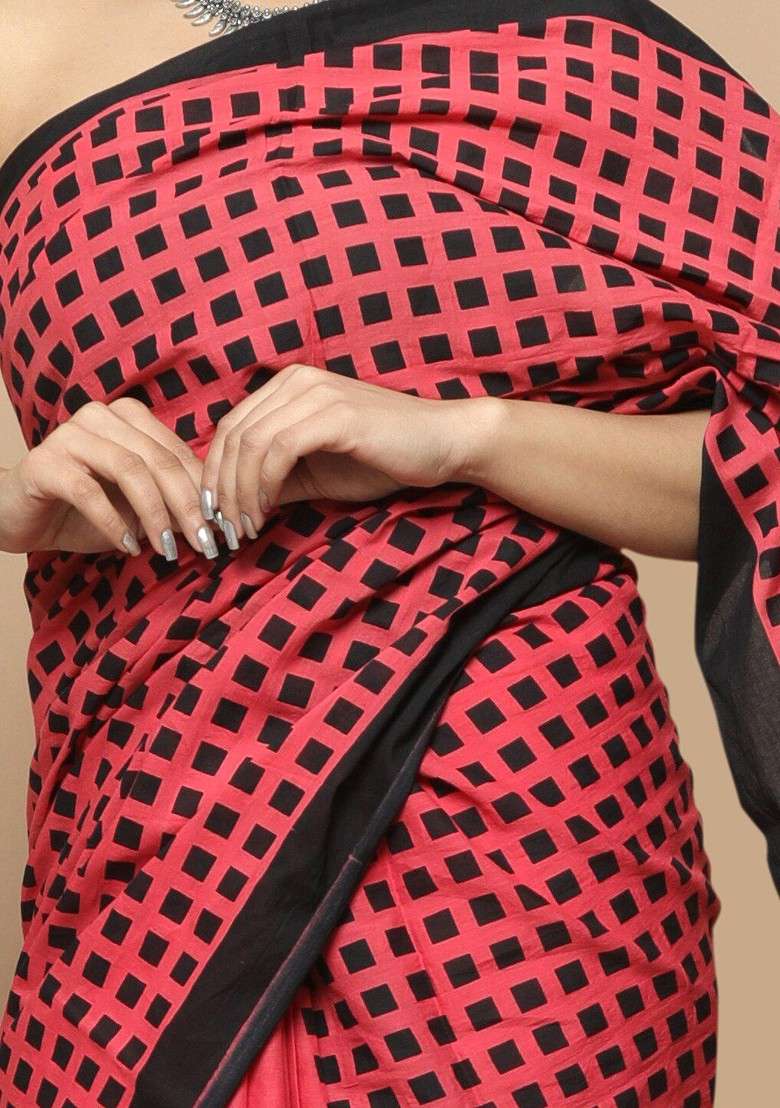 Red Printed Blended Saree Set - Indya