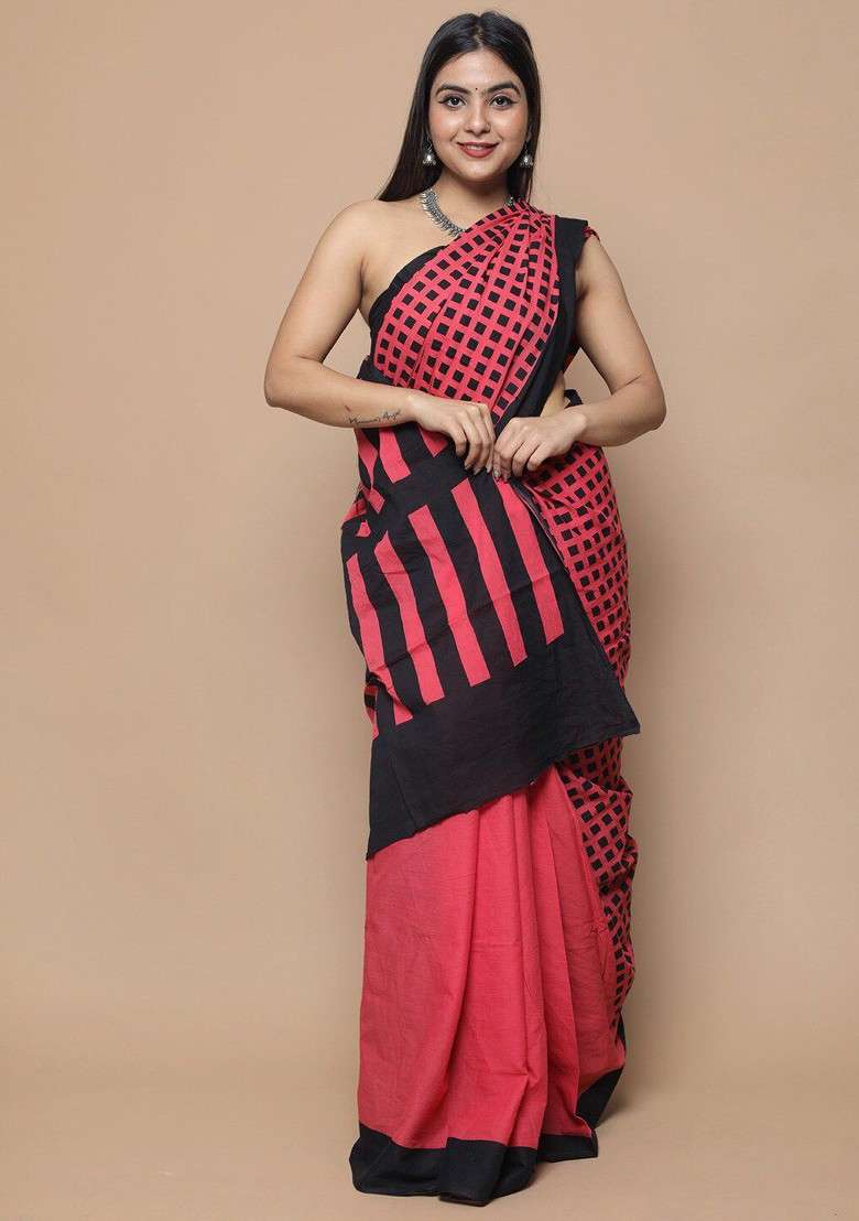 Red Printed Blended Saree Set - Indya