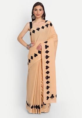 Beige Embroidered Blended Saree Set