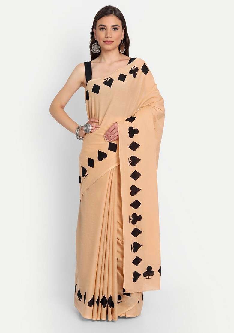 Beige Embroidered Blended Saree Set - Indya
