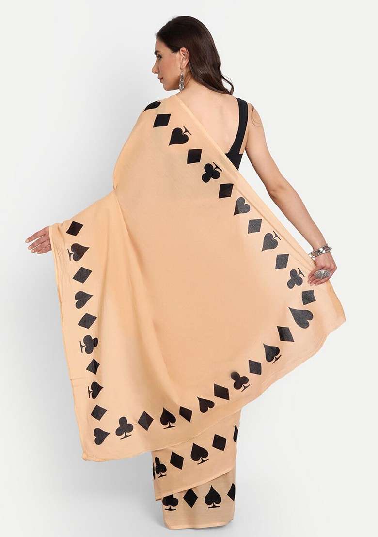 Beige Embroidered Blended Saree Set - Indya