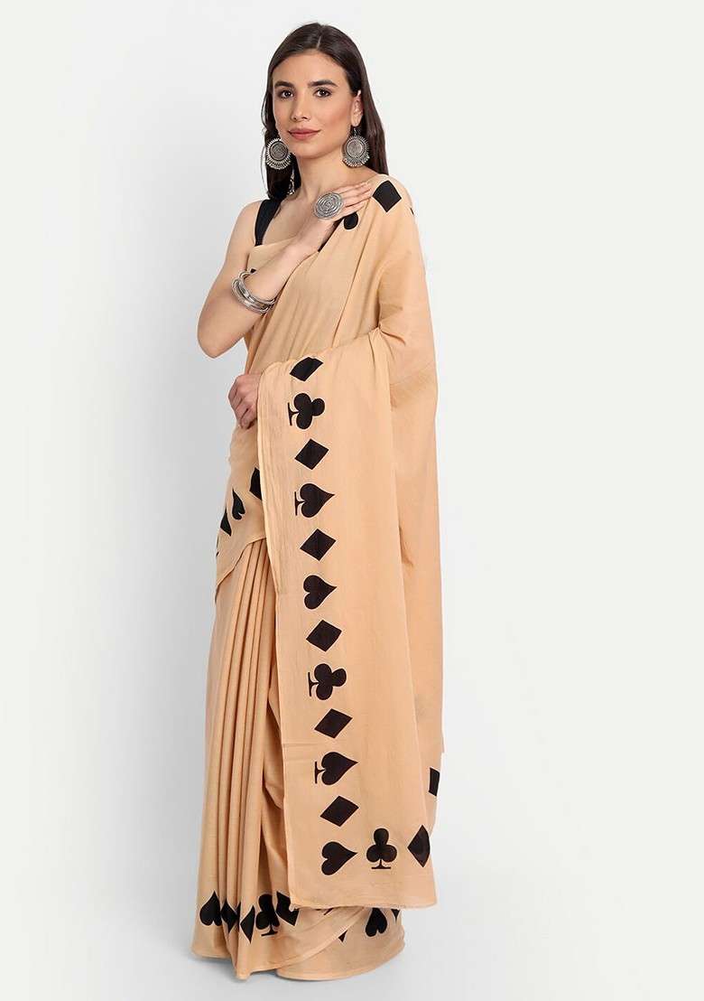 Beige Embroidered Blended Saree Set - Indya